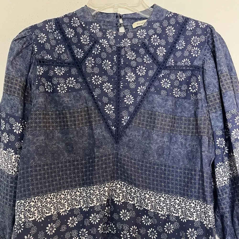 Anthropologie Eryn Boho Floral Blouse saison de la fleur Blue Cotton Top Small